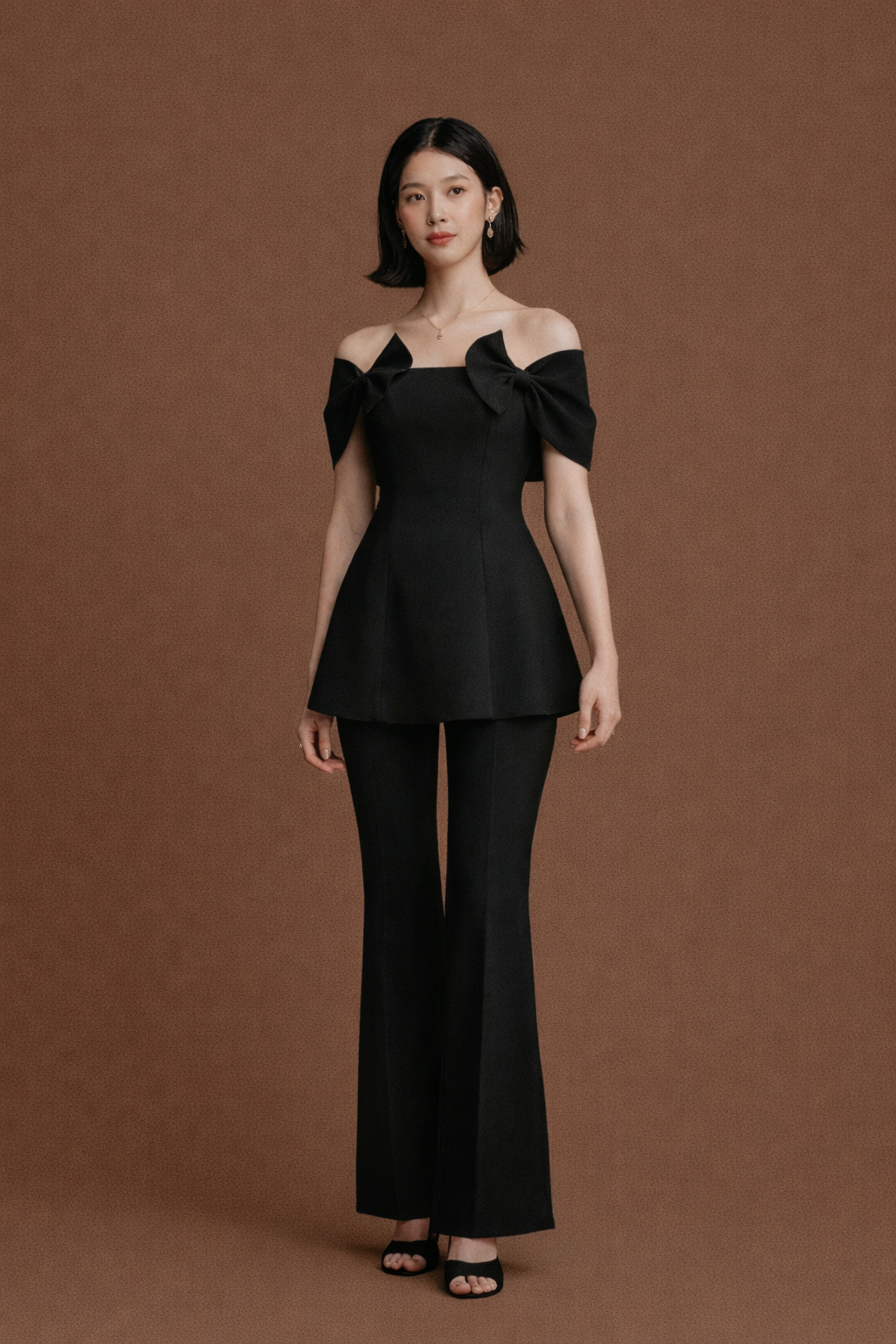Elegant 2-Piece Bowknot Slash Neck Top & High Waist Split Pants Set