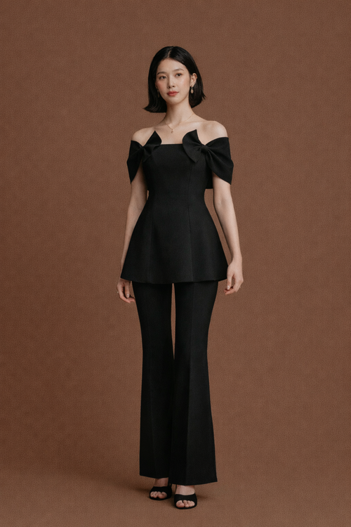 Elegant 2-Piece Bowknot Slash Neck Top & High Waist Split Pants Set
