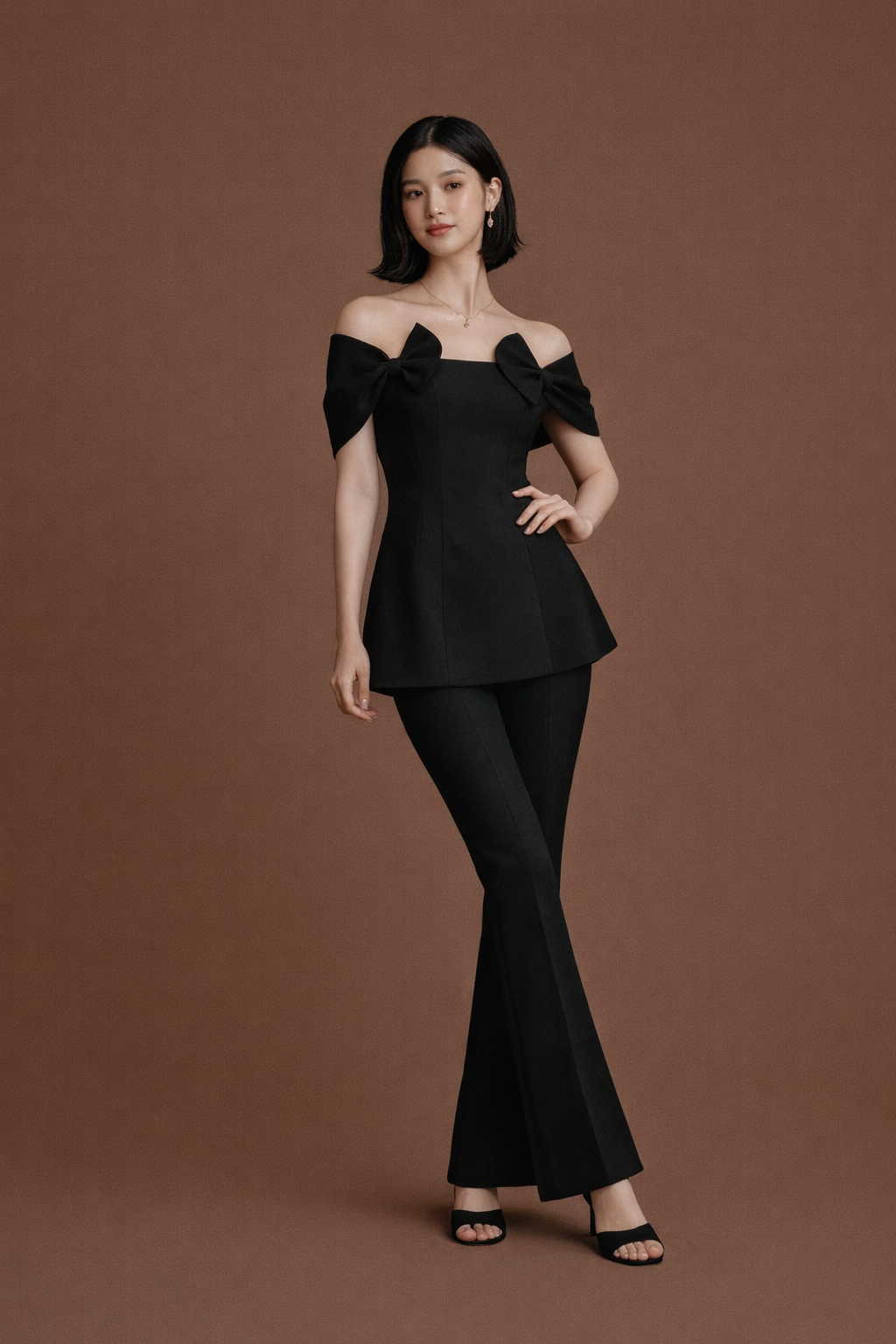 Elegant 2-Piece Bowknot Slash Neck Top & High Waist Split Pants Set
