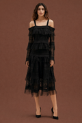 Elegant Square Neck Lace Ruffle Midi Dress – A-Line High Waist Long Sleeve Evening Dress