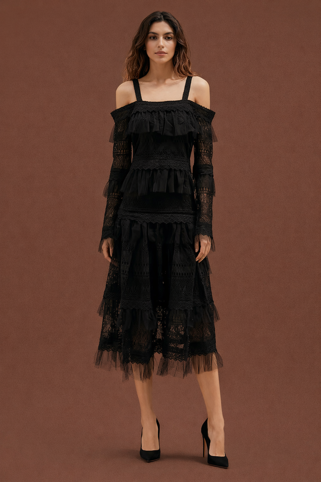 Elegant Square Neck Lace Ruffle Midi Dress – A-Line High Waist Long Sleeve Evening Dress