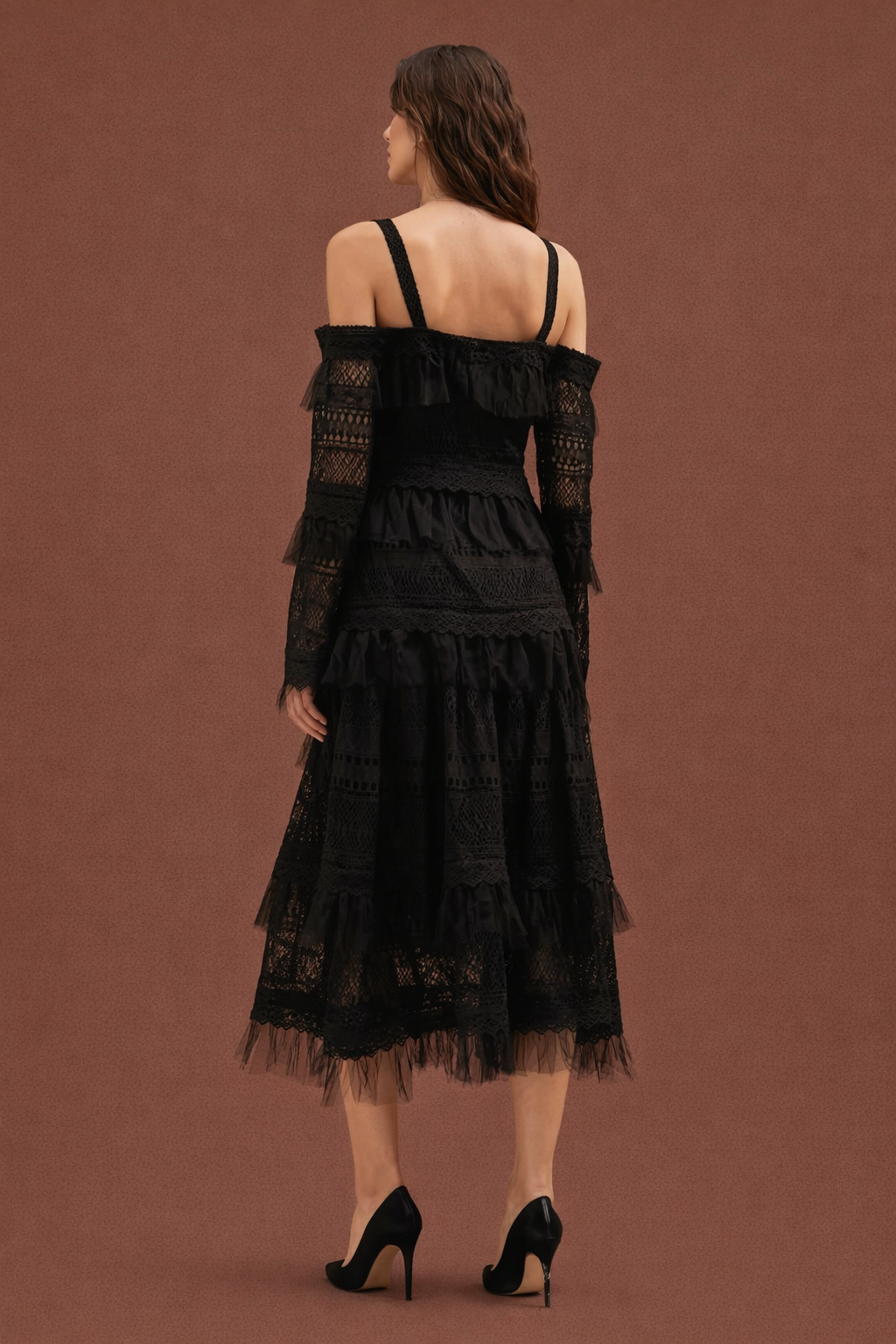 Elegant Square Neck Lace Ruffle Midi Dress – A-Line High Waist Long Sleeve Evening Dress