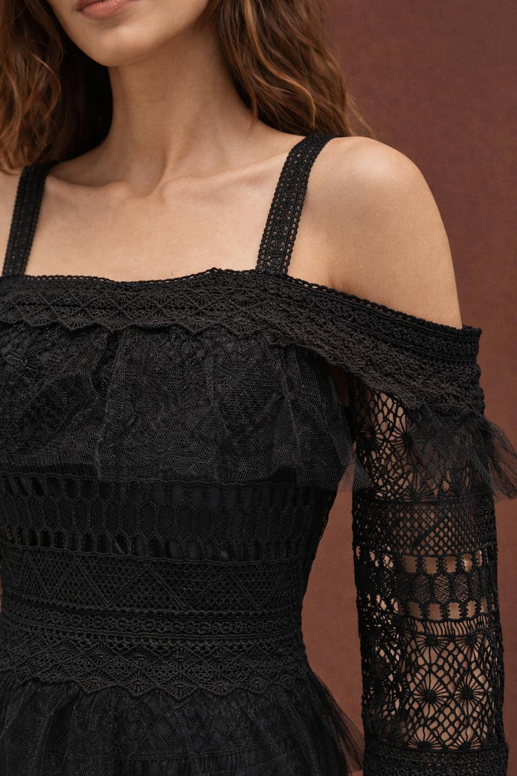 Elegant Square Neck Lace Ruffle Midi Dress – A-Line High Waist Long Sleeve Evening Dress
