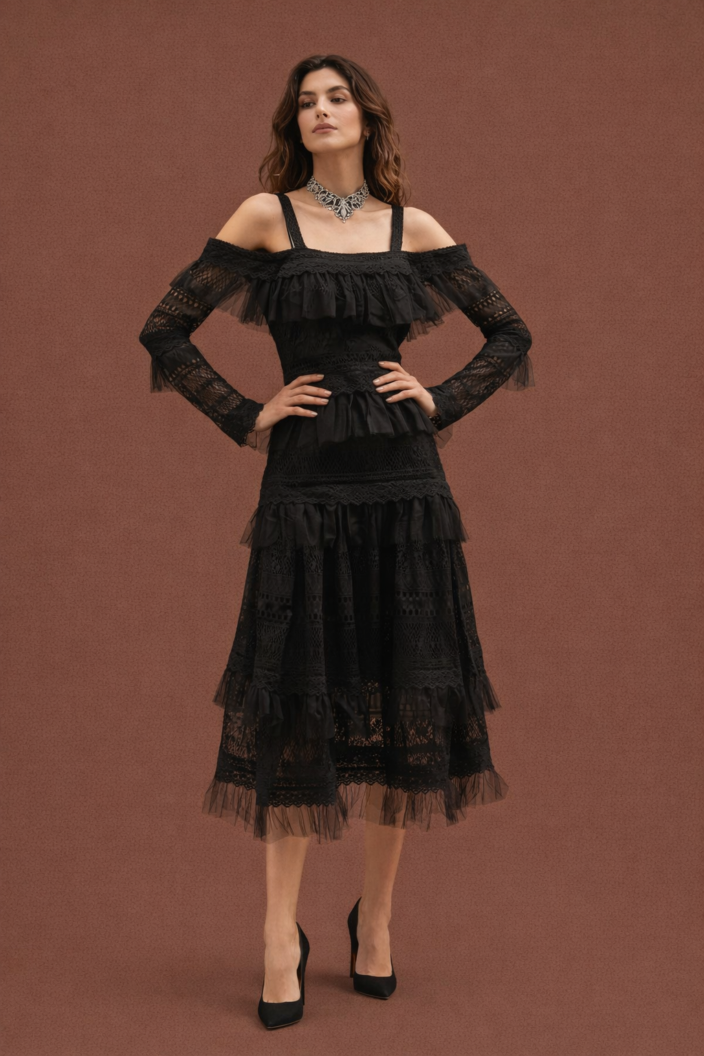 Elegant Square Neck Lace Ruffle Midi Dress – A-Line High Waist Long Sleeve Evening Dress