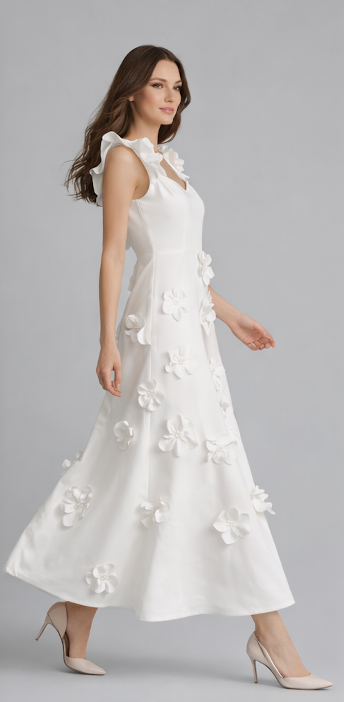 White 3D Floral Appliqué Midi Dress