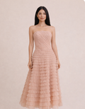 Pink Strapless Tiered Ruffle Midi Dress